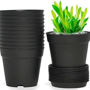 12 Pack 4 inch Plastic Planters, Seedlings Plant Nursery Pots with Drainage Holes and Saucers for Plants Flowers Succulent and All House Plants, Black