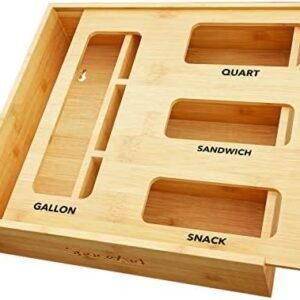 SpaceAid Bag Storage Organizer for Kitchen Drawer, Bamboo Organizer, Compatible with Gallon, Quart, Sandwich and Snack Variety Size Bag (1 Box 4 Slots)