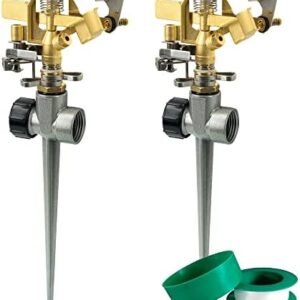 Hourleey 2 Pack Brass Impact Lawn Sprinklers for Yard, Heavy Duty Adjustable Pulsating Water Sprinkler Head with Aluminum Alloy Spike Base for Large Area Patio Garden