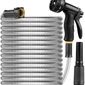 Metal Garden Hose 100ft Heavy Duty Stainless Steel Water Hose with Sprayer & Metal Fittings Flexible Lightweight Hose Puncture Proof Hose for Yard, Outdoors, Rv