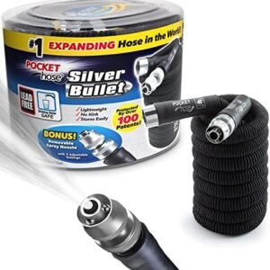 Pocket Hose Silver Bullet 25 ft Turbo Shot Nozzle Multiple Spray Patterns Expandable Garden Hose 3/4 in Solid Aluminum Fittings Lightweight and No-Kink