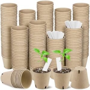300 Pieces Peat Pots Seed Starters 3.15 Inch Peat Pots Round Biodegradable Seed Starting Pots with 300 Plant Labels, Planter Nursery Pots with Drainage Holes for Vegetable Seed