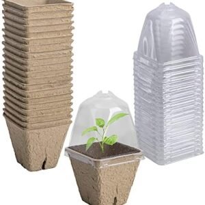 20 Pcs Biodegradable Nursery Pots with Humidity Dome- 2.3" Square Seeding Starter Pots for Planting- Peat Pots for Seedlings Garden Vegetable Flower Germination