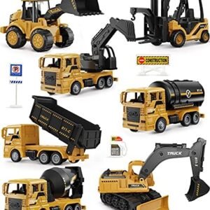 Geyiie Construction Trucks Toy Set, Construction Vehicles Site for Kids Engineering Toys Playset for Boys Girls, Pull Back Cars Excavator Tractor Bulldozer Dump Sand Toys Gifts for Party Favor
