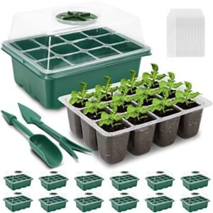 12 Pack Seed Starter Trays Kit 144-Cell Plant Grow Kit with Humidity Adjustable Dome and Base Mini Greenhouse Germination Tray Set for Garden Home Seedling Growing