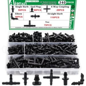 340PCS 1/4" Drip Irrigation Kit Barbed Connectors, Straight Barb, Tee, Single Barb, End Plug, Elbow, 4 Way Coupling Irrigation Fittings for Garden Lawn Flower Pot Q-K1-042-BOX