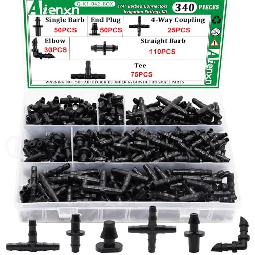 340PCS 1/4" Drip Irrigation Kit Barbed Connectors, Straight Barb, Tee, Single Barb, End Plug, Elbow, 4 Way Coupling Irrigation Fittings for Garden Lawn Flower Pot Q-K1-042-BOX
