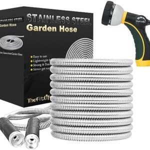 TheFitLife Flexible Metal Garden Water Hose - Upgrade Leak and Fray Resistant Design, Stainless Steel with Solid Fittings and Sprayer Nozzle, Lightweight Kink Free Durable Easy Storage (100 FT)