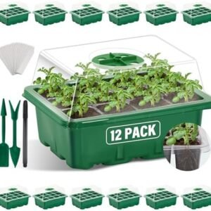 12 Packs Seed Starter Tray with Dome (144 Cells Total Tray), Seed Starter Kit with 24pcs Labels Seeding Tool, Reusable Seed Starting Trays Kit Mini Greenhouse Plant Germination Tray (Green)