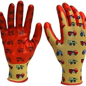 Youth Stretch Garden and Yardwork Gloves with Nitrile Coating | Single Pair | Color: Trucks & Tractors Pattern | Size: One Size Fits Most Youth