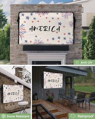 4th of July Outdoor TV Cover 32 Inch Star Fireworks Memorial TV Enclosure Independence Day Patriotic Liberty Blue Red TV Covers for Outside TV Display Screen Protector with Remote Control Pocket - Image 2