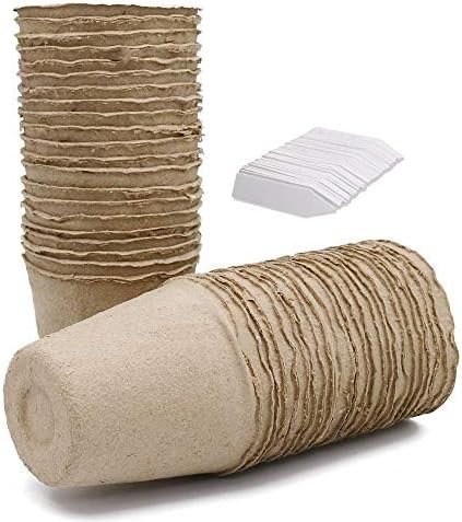 KINGLAKE 100 Pcs 3 Inch Peat Pots, Seeds Starter Pots,Transplant Seedlings Pots with 100 Pcs White Plastic Plant Labels