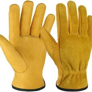 OZERO Leather Work Gloves Flex Grip Tough Cowhide Gardening Glove for Wood Cutting/Construction/Truck Driving/Garden/Yard Working for Men and Women 1 Pair (Gold,Small)