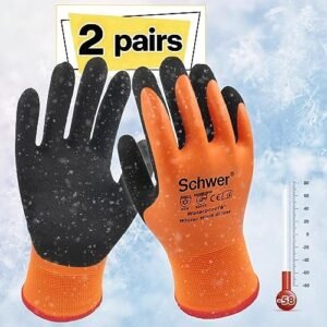 Schwer 2 Pairs Waterproof Work Gloves for Men and Women, ANSI A2 Cut Resistant Freezer Gloves for Outdoor Cold Weather Keep Hands Warm, Waterproof Gloves for Shoveling Snow, Ice Fishing, M
