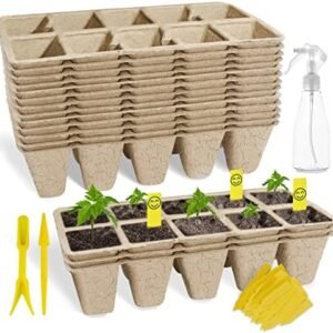 SYITCUN 100 Cells Seed Starter Tray, 10 Pack Seed Starter Kit for Planting Seeds, Biodegradable Peat Pots, Value Germination Kit with 100 Plant Labels, 2 Transplanting Tools, 1 Spray Bottle
