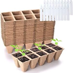 200 Cells Seed Starter Peat Pots, Biodegradable Sprouting Seedling Trays, for Indoor and Outdoor Plants, Includes 20 Plastic Plant Labels (20 Pack)
