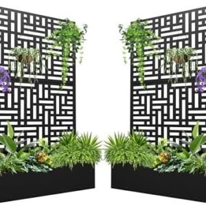 Metal Planter with Trellis,Planter Box with Privacy Screen，Outdoor Raised Garden Bed for Vine Plant Flower Climbing，71"x47"x16" Metal Garden Bed with Drainage Holes（Black，2pcs）
