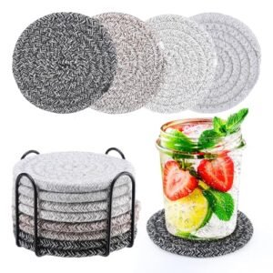 8 Pcs Boho Absorbent Drink Coasters with Holder - 4 Styles Handmade Woven Heat-resistant Grey Cotton Linen Coasters for Kinds of Cups Coffee Table Kitchen Home Decor Housewarming Gift (4.3in)