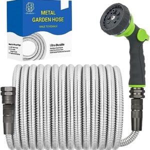 Metal Garden Hose - 50FT Heavy Duty Stainless Steel Water Hose with 8-Mode Spray Nozzle, 3/4" Fittings, Leak Proof, Puncture Resistant, No Kink, Lightweight Outdoor Hose for Yard, Farm, Car