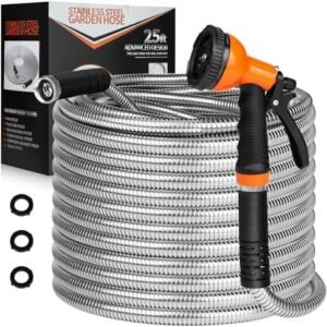 Garden Hose 25 FT - Flexible Metal Hose with 10 Function Nozzle, Kink Free, Lightweight, Durable, Crush Resistant Fitting, Easy to Coil, Puncture Proof Hose for Yard, Rv, 600 PSI - 2024 Model