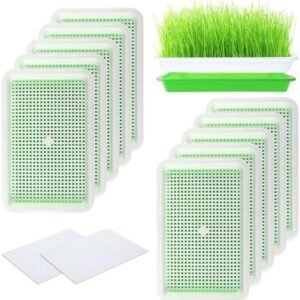 JMIATRY 10 Set Microgreens Growing Trays 8.9 x 5.7 Inches Plastic Seed Sprouting Tray for Microgreens Sprout Trays with Drainage and Base Set with Sprouter Tray Paper for Garden Home Office