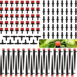 Adjustable Drip Irrigation Emitters, 120 PCS Drip Irrigation Parts Kit for 1/4 inch Tube, 360 Degree Irrigation Sprinklers with Stake & Barbed Tube Coupling & Tees for Drip Irrigation System