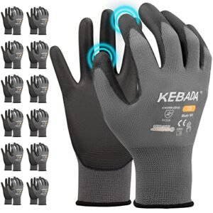 W1 Work Gloves for Men and Women with Grip,12 Pairs Bulk Pack Mechanic Gloves,PU Coating on Palm & Fingers,Breathable Mens Gardening Touchscreen,Lightweight,Gray Large