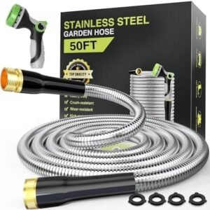 50ft Metal Garden Hose, Heavy Duty Stainless Steel Water Hose with 10-Function Spray Nozzle, 3/4" Fittings, Kink-Free Water Pipe, Durable and Leak Proof Metal Hose for Yard Outdoor.