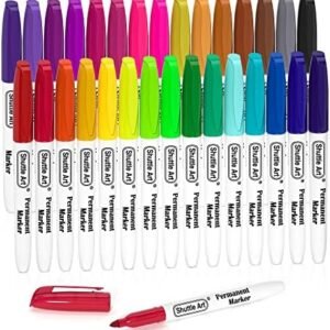 Shuttle Art 30 Colors Permanent Markers, Fine Point, Assorted Colors, Works on Plastic,Wood,Stone,Metal and Glass for Kids Adult Coloring Doodling Marking