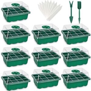 Seed Starter Tray, 10-Pack 120 Cells Seedling Starter Trays, Humidity Adjustable Seed Tray Kit with Dome and Base Greenhouse Grow Trays Mini Propagator for Seeds Growing Starting