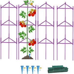 4 Pack Tomato Cages for Garden, Heavy Duty Tomato Cage Plant Supports for Outdoor Plants, Up 50-85inch Garden Trellis Kit with 4 Watering Spikes and Plant Clips (Purple)