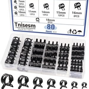 Tnisesm 80Pcs Spring Band Hose Clamps Assortment Silicone Vacuum Hose Pipe Clamp 7mm 9mm 10mm 11mm 14mm 15mm 16mm 18mm Low Pressure Air Clip Clamp(Black)