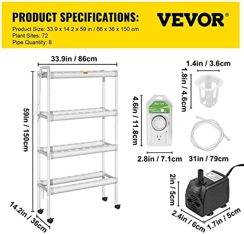 Hydroponics Growing System, 72 Sites 8 Food-Grade PVC-U Pipes, 4 Layers Indoor Planting Kit with Water Pump, Timer, Nest Basket, Sponge, for Fruits, Vegetables, Herbs, White - Image 7
