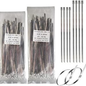 200PCS Metal Cable Zip Ties, 304 Stainless Steel Metal Zip Ties, Premium Self-Locking Cable Ties for Machinery Vehicles Farms Pipes Cables and Outdoor Fence (100pcs 6" +100pcs 7.8“)