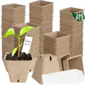 100 Pack Peat Pots, Square Plant Pots Biodegradable Seedling Pots Nursery Pots Seed Starter Tray with Drainage Holes Germination Kit 100 Plant Labels for Garden Flower Vegetable Succulent
