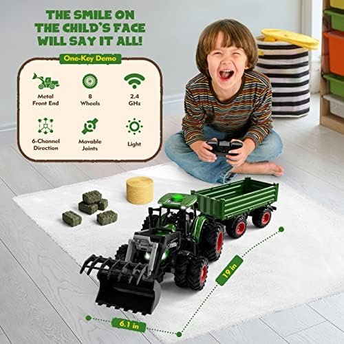 Remote Control Tractor Toy, Kids RC Tractor Set & Truck and Trailer Front Loader - Metal Car Head/8 Wheel/Light, Toddlers Farm Vehicle Toys for 3 4 5 6 7 8 9 Year Old Boys Girls Birthday Gift - Image 4