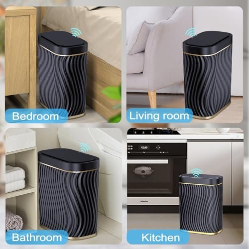 Bathroom Small Trash Can with Automatic Touchless Lid, 2.6 Gallon Smart Garbage Can Narrow Waterproof Trash Bin for Bedroom, Office, Living Room (Black) (Glod Black) - Image 5