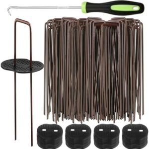Blulu 50pcs Landscape Staples with Brown Coating 50pcs Gaskets and 1 Pick Hook 6 Inch U Shaped 11 Gauge Anti Rust Garden Yard Stakes Vapor Barrier Stakes for Weed Landscaping Lawn Fence Pins