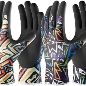 COOLJOB 6 Pairs Safety Work Gloves with Grip, Sandy Nitrile Touchscreen Garden Gloves for Men, Palm Dipped, Oil Resistant, Ultra Thin, Flexible for Workers, Gardeners, Printed #1 Small