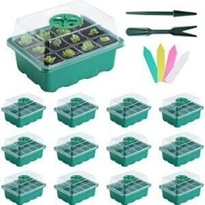 12 Packs Seed Starter Tray Seedling Kits, Organic Germination Plant Starter Trays, with Lids Humidity Adjustable, for Greenhouse Grow Germination Seeds Growing Starting(Green)