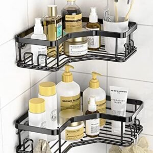 MAXIFFE Shower Caddy, Adhesive Stainless Steel Shower Organizer Shower Rack, Corner Shower Caddy with 8 hooks, Shower Shelves Storage Bathroom Organizers and Storage, Black