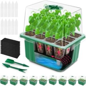 10 Packs Self-Watering Seed Starter Tray, 120 Cells Seedling Starter Trays Kits with Adjustable Humidity Domes, Seed Starter Kit with 4.25inch Heightened Lids for Greenhouse & Gardens, Green