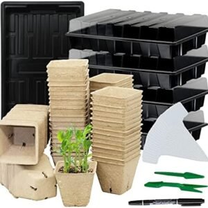 Seed Starter Kit with 100 Peat Pots for Seedlings Seed Starter Tray, Including 100 Square Biodegradable Seed Starter Pods, 5 Plastic Growing Trays & 20 Plant Labels