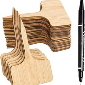 Whaline 30Pcs Bamboo Plant Labels with A Marker Pen, T-Type Wooden Plant Marker Garden Sign Tags Garden Markers for Seed Potted Herbs Flowers Vegetables (6 x 10 cm)