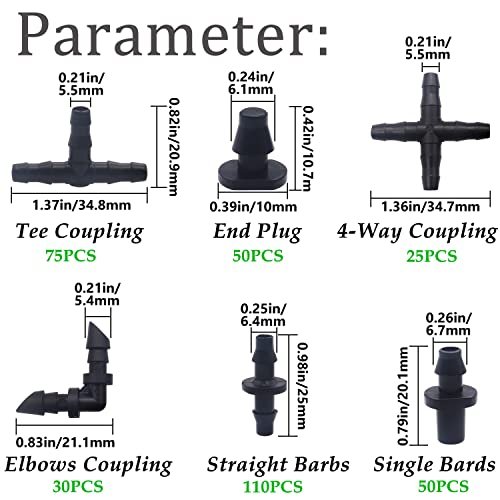 340PCS 1/4" Drip Irrigation Kit Barbed Connectors, Straight Barb, Tee, Single Barb, End Plug, Elbow, 4 Way Coupling Irrigation Fittings for Garden Lawn Flower Pot Q-K1-042-BOX - Image 2