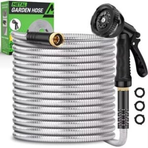 Metal Garden Hose 50ft, Heavy Duty Stainless Steel Water Hose with 10 Functional Nozzles, No Kink, Lightweight and Flexible, Easy to Use and Store, Strong and Durable, Suitable for Yard and Lawn