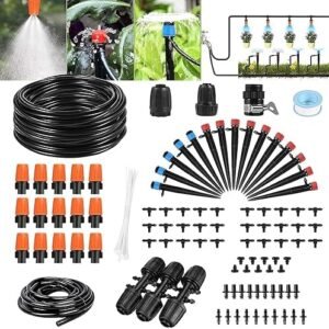 Drip Irrigation Kit, 43m/141ft Garden System with Adjustable Nozzle Plant Hose Water Sprinkler & Automatic Watering Kit Misting Cooling for Greenhouse, New-Black