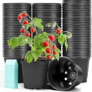 Sfee 100 Pack Plant Nursery Pots 4 inch Plastic Plant Pots, Durable Reusable Seed Starting Pots for Succulents Plants Vegetables Fruits Seedlings Cuttings Transplanting with 100 Plant Labels (Black)