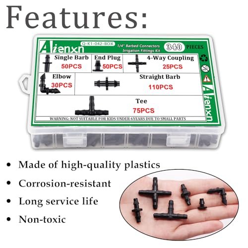 340PCS 1/4" Drip Irrigation Kit Barbed Connectors, Straight Barb, Tee, Single Barb, End Plug, Elbow, 4 Way Coupling Irrigation Fittings for Garden Lawn Flower Pot Q-K1-042-BOX - Image 3