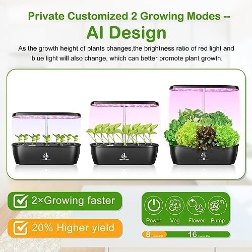 Hydroponics Growing System,12 Pods Indoor Garden Plant Germination Kit with Smart AI LED Grow Light,Auto Timer with Silent Powerful Pump,Adjustable Height for Home Office,No WIFI Function and APP - Image 2